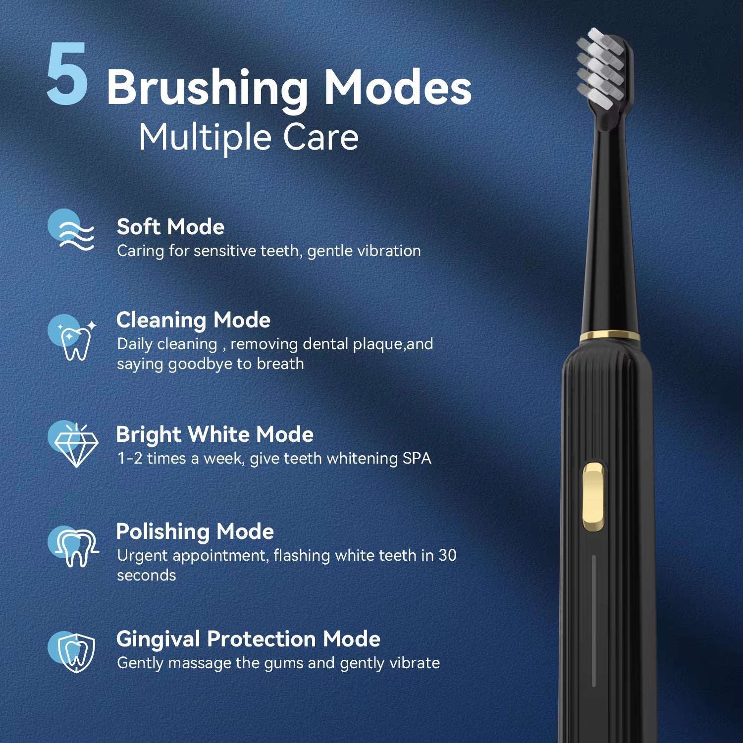 Electric Toothbrush 5 Modes USB Rechargeable 12 Replacement Toothbrush Heads Adult Ultrasonic Teeth Cleaning