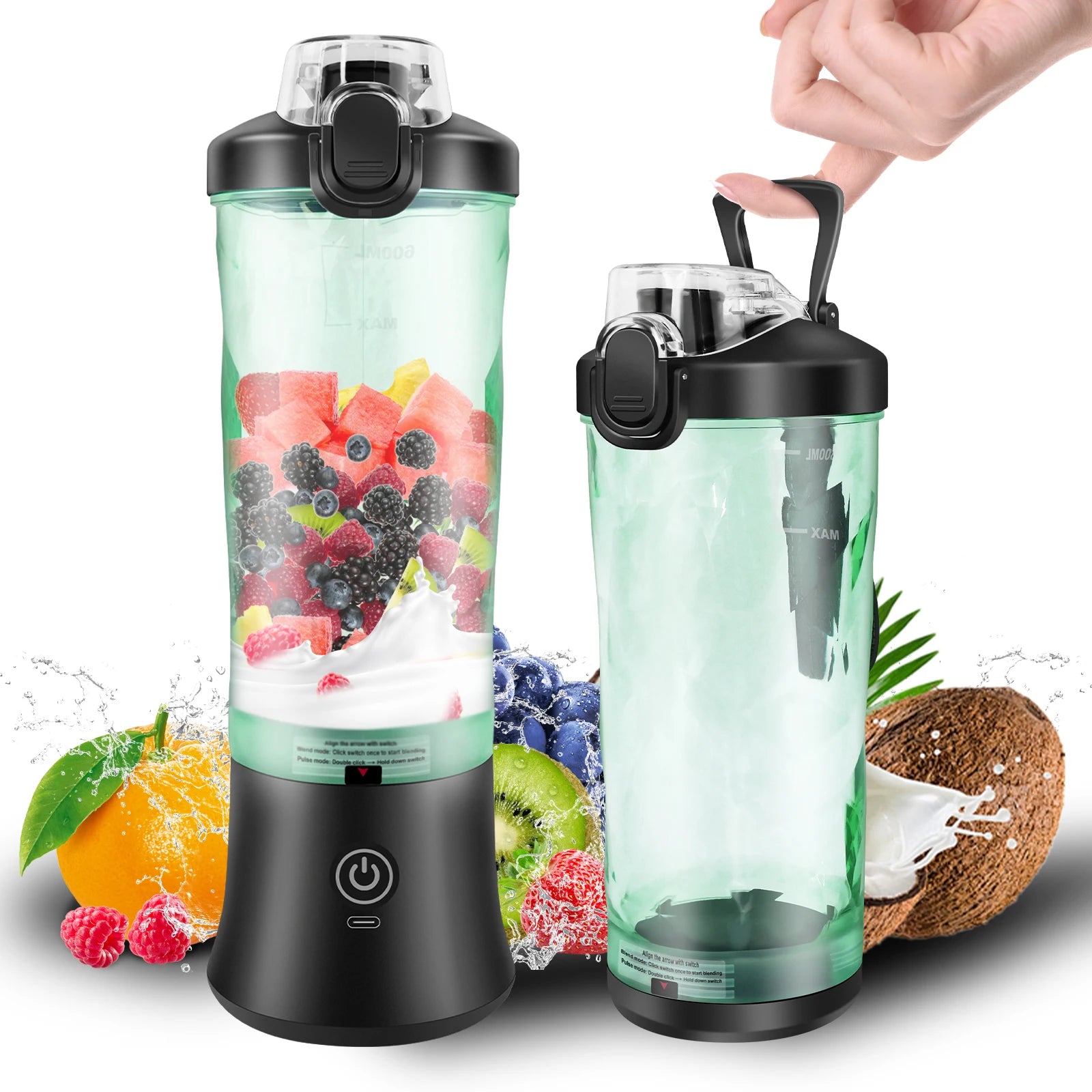 600Ml Portable Mini Blender,Usb Rechargeable Small Smoothie Blender,Large Capacity Travel Blender Portable Smoothies,Blends Ice