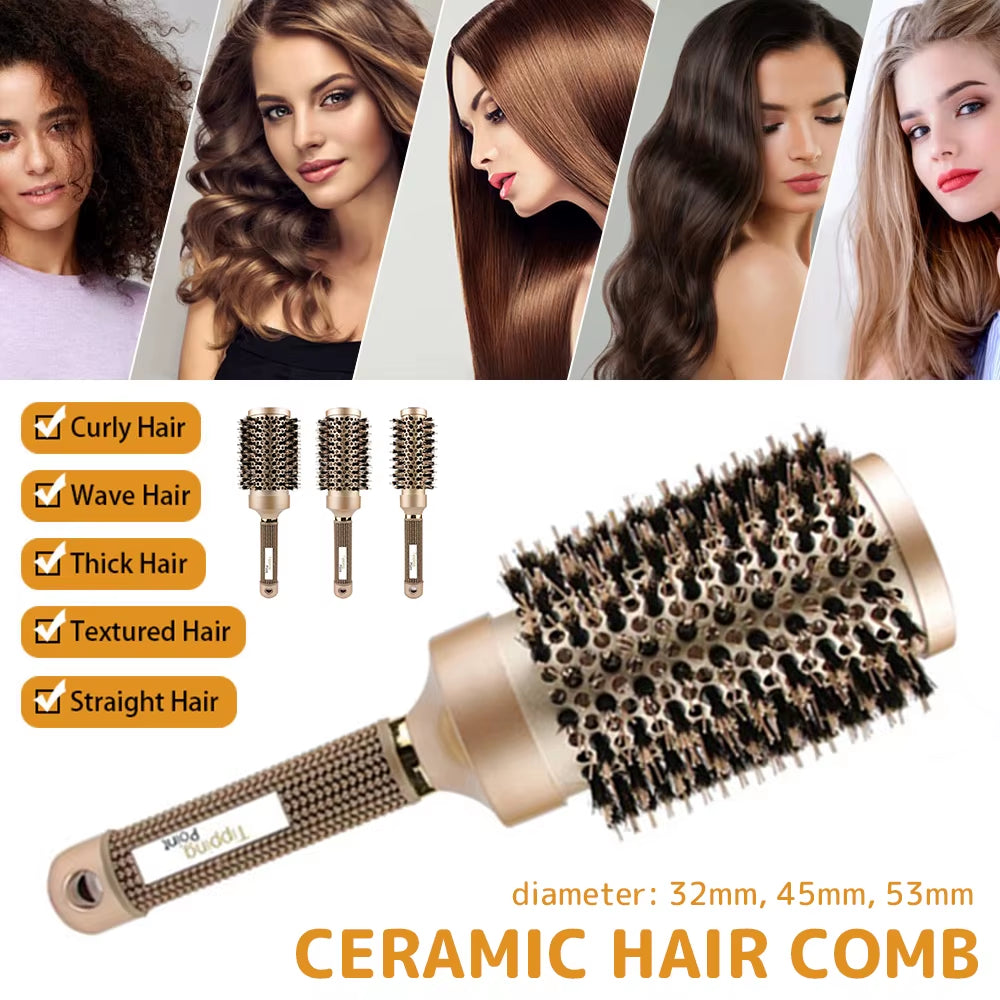 Round Brush for Blow Drying Ceramic round Barrel Hair Brush Roller Brush Comb with Nylon Bristles for Women Men Kids Professiona